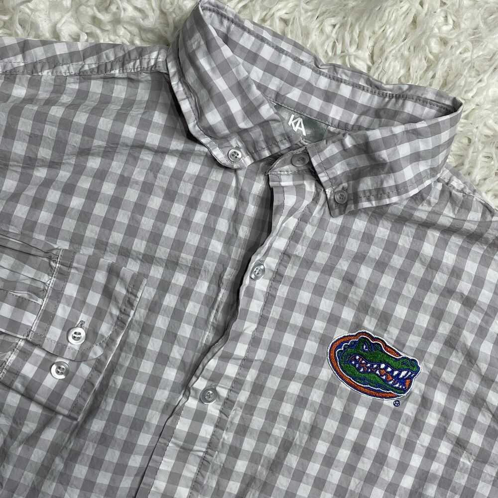 University Florida Shirt Mens Medium Grey Check UF Vented Button Up Short Sleeve